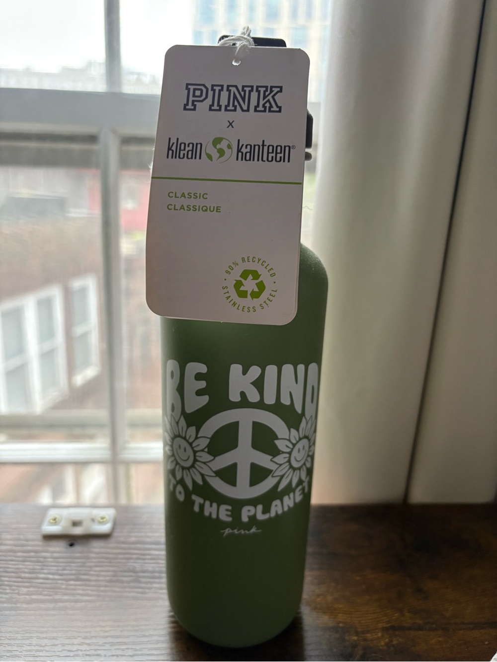 PINK Victoria's Secret Olive Green Stainless Water Bottle with White Graphic